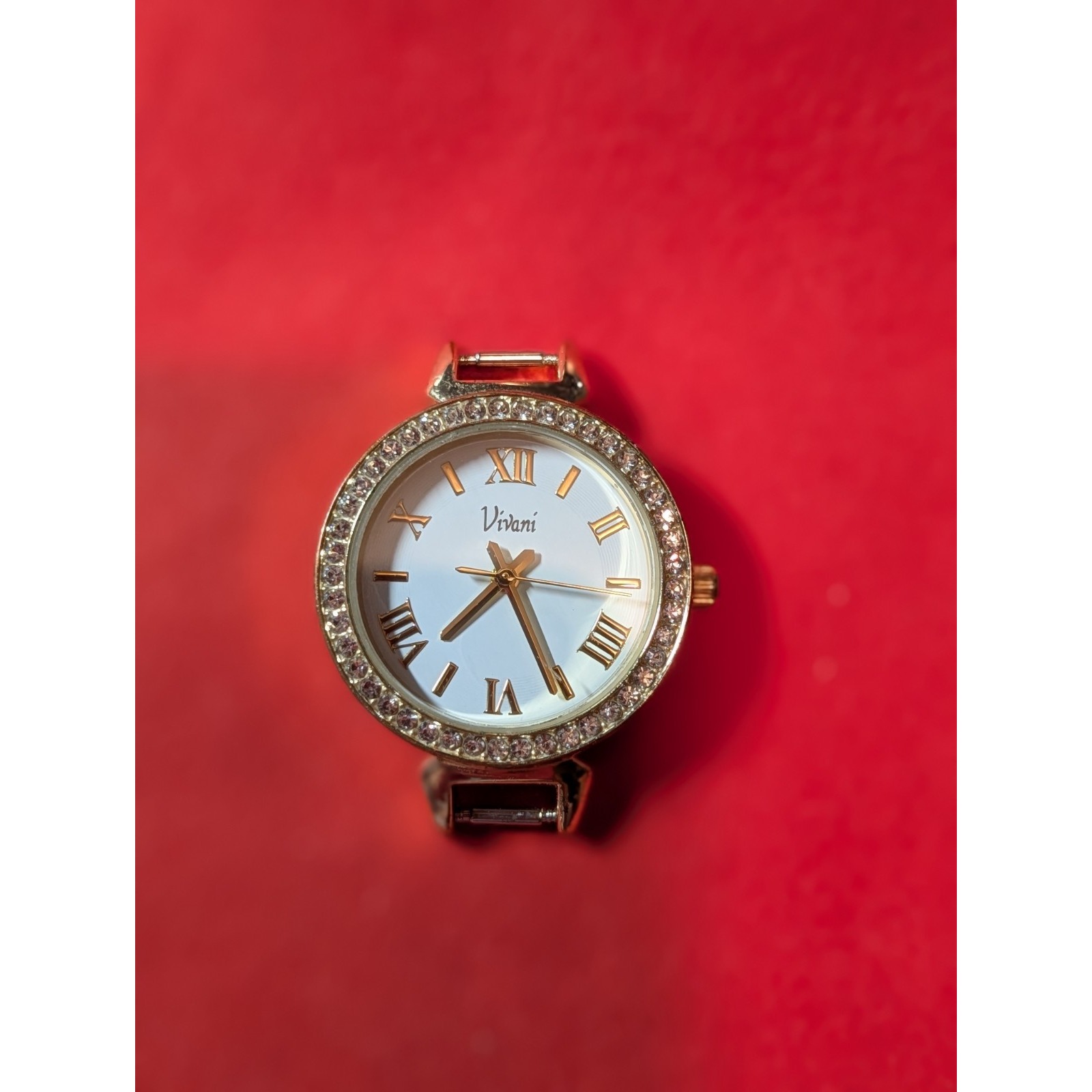 Vivani Womens Quartz Watch Gold Tone Crystal Bezel White Roman Numeral Dial